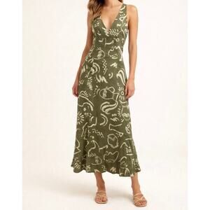 Paper Heart Olive Abstract Print Linen Blend Sleeveless Maxi Dress Sz Large